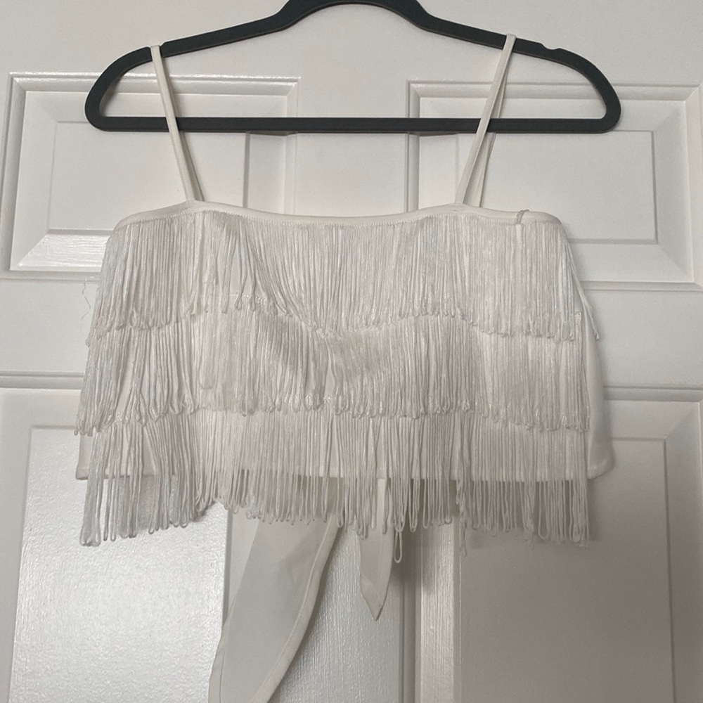 White Fringe Crop Top with Tie Back